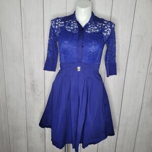 Missmay Retro 50's Fit And Flare Belted Shirt Dress Navy Blue Womens Size Large